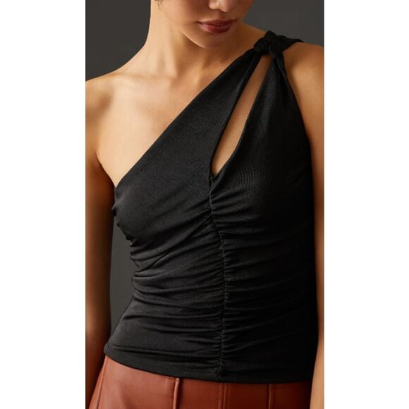 NWT By Anthropologie Black One-Shoulder Ruched Fitted Tank Womens Medium - Picture 1 of 9